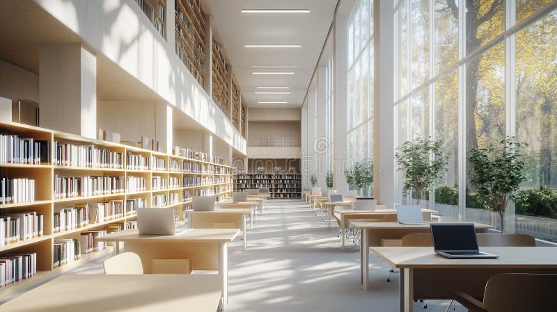 Modern library interior with students studying